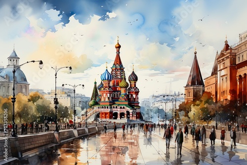 Views of Moscow, Russia drawing in the style of colored pencil and watercolor. in the style of 90s art. © PixelXpert