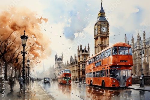 Views of London, UK drawing in the style of colored pencil and watercolor. in the style of 90s art.
