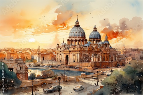 Views of Rome, Italy drawing in the style of colored pencil and watercolor. in the style of 90s art. 