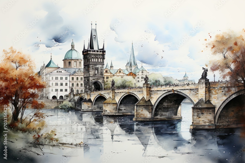 Views of Prague, Czech Republic drawing in the style of colored pencil and watercolor. in the style of 90s art.