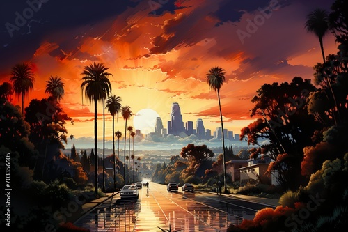 Views of Los Angeles, USA drawing in the style of colored pencil and watercolor. in the style of 90s art.