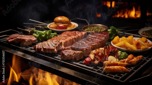  a bbq grill with steak, potatoes, and other foods on it and a fire burning in the background.