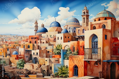 Views of Marrakech, Morocco drawing in the style of colored pencil and watercolor. in the style of 90s art.