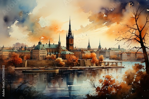 Views of Stockholm, Sweden drawing in the style of colored pencil and watercolor. in the style of 90s art. photo