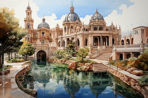 Views of Seville, Spain drawing in the style of colored pencil and watercolor. in the style of 90s art.