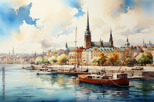 Views of Stockholm, Sweden drawing in the style of colored pencil and watercolor. in the style of 90s art. photo