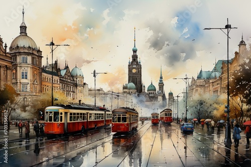 Views of Warsaw, Poland drawing in the style of colored pencil and watercolor. in the style of 90s art. photo