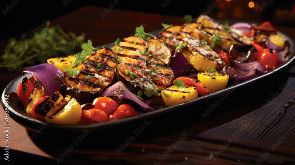  a platter of grilled vegetables sits on a table with a glass of wine and a bottle of wine in the background.