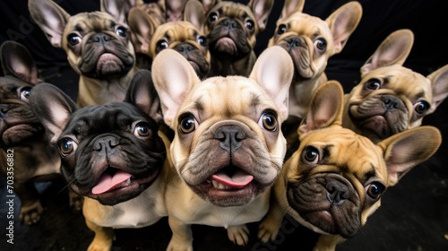 Group of cute French bulldog puppies making selfie outdoor. 