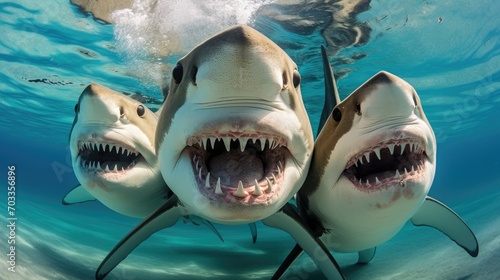 Group of cute sharks making selfie under sea water. 