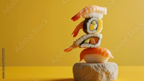 Beautiful harmonious composition of sushi on yellow background. Balanced Japanese food.