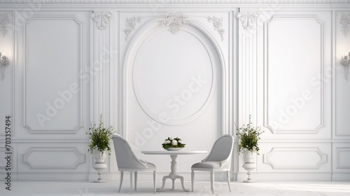 White classic interior with round table  chair and moldings. 3d render illustration mock up