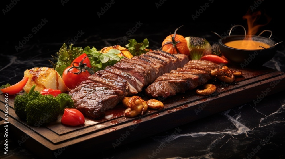  a platter of meat, vegetables, and dipping sauce on a black marble counter top with a black background.