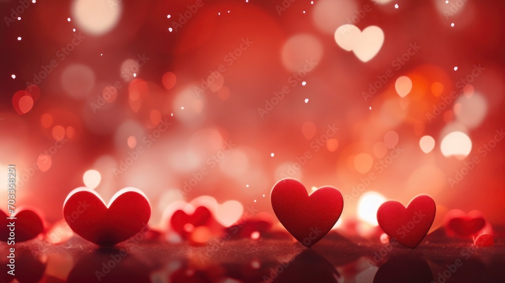 Hearts and bokeh lights on red background, mockup of dreamy and romantic atmosphere for Valentine's Day