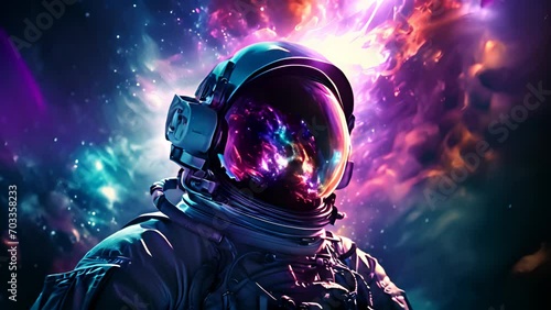 A man in a space suit standing in front of a colorful background. Generative ai photo