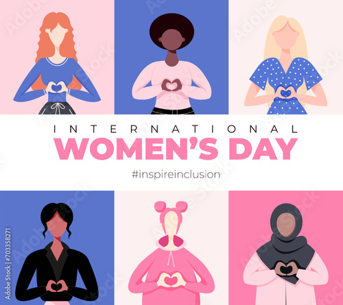 International Women's Day. Inspire inclusion 2024 campaign. Group of women of different ethnicity, age, body type, hair color vector illustration in flat style.