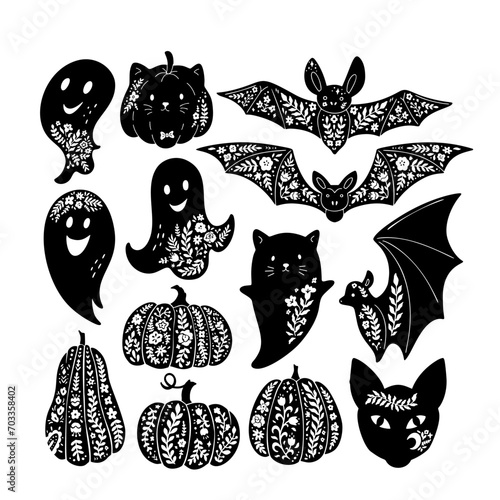 Fototapeta Naklejka Na Ścianę i Meble -  Halloween Floral Decor in Bat, Pumpkin, Ghost and Cat Silhouette. Halloween Linocut Gothic Mystery Symbols. Vector Illustration Isolated on White Background. Floral Silhouette Lino Prints for Posters.