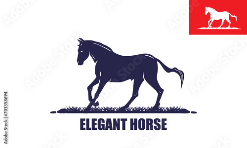 ELEGANT HORSE WALKING LOGO, silhouette of great horse moving at farm vector illustrations