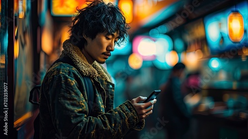 Asian Young Man Looks Smartphone After, Background HD For Designer