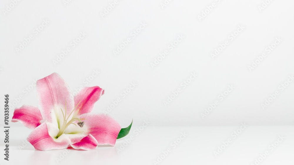Podium white table with pink lily flower. Aesthetic wooden table background with copy space for design, cosmetic, spa, perfume and product presentation Podium white table with pink lily flower. Aesthetic wooden table background with copy space for design, cosmetic, spa, perfume and product presentation