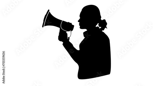young asian female with megaphone, black isolated silhouette