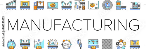 manufacturing industry factory icons set vector. production machine, engineer robot construction technology, plant business equipment manufacturing industry factory color line illustrations