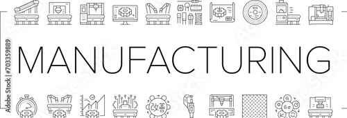 manufacturing industry factory icons set vector. production machine, engineer robot construction technology, plant business equipment manufacturing industry factory black line illustrations