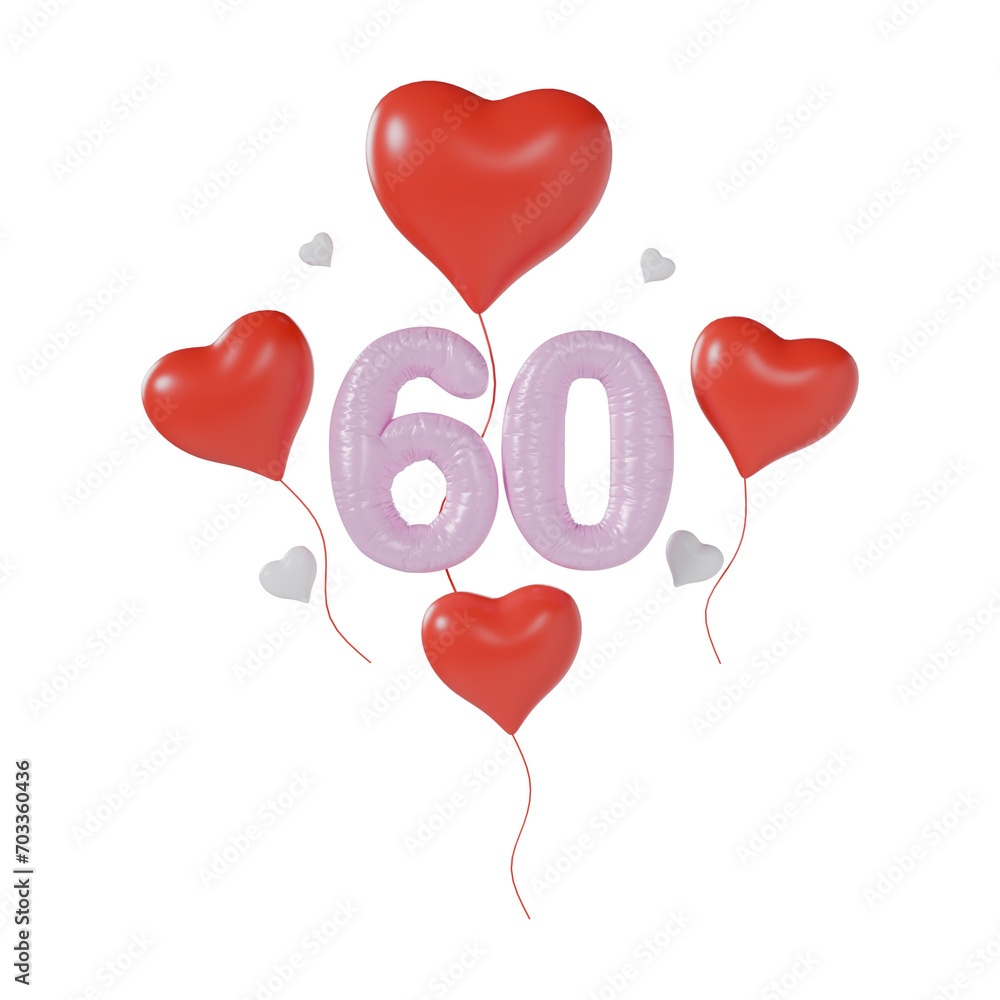 Heart Number 60 Valentine Day Anniversary 3d illustration