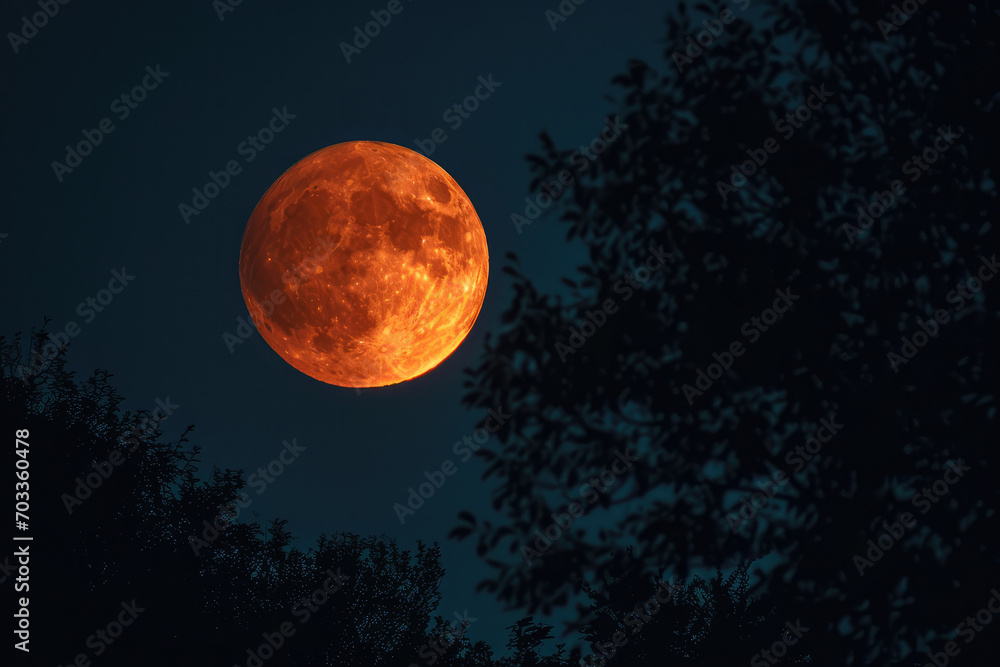 Naklejka premium Spectacular Sight: Large And Orange Harvest Moon Illuminates The Autumn Night Sky