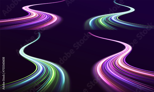 Big set of neon speeds in the form of a road of different light colors. Rotating dynamic neon circle. Colored shiny sparks of spiral wave. Expressway, the effect of car headlights.