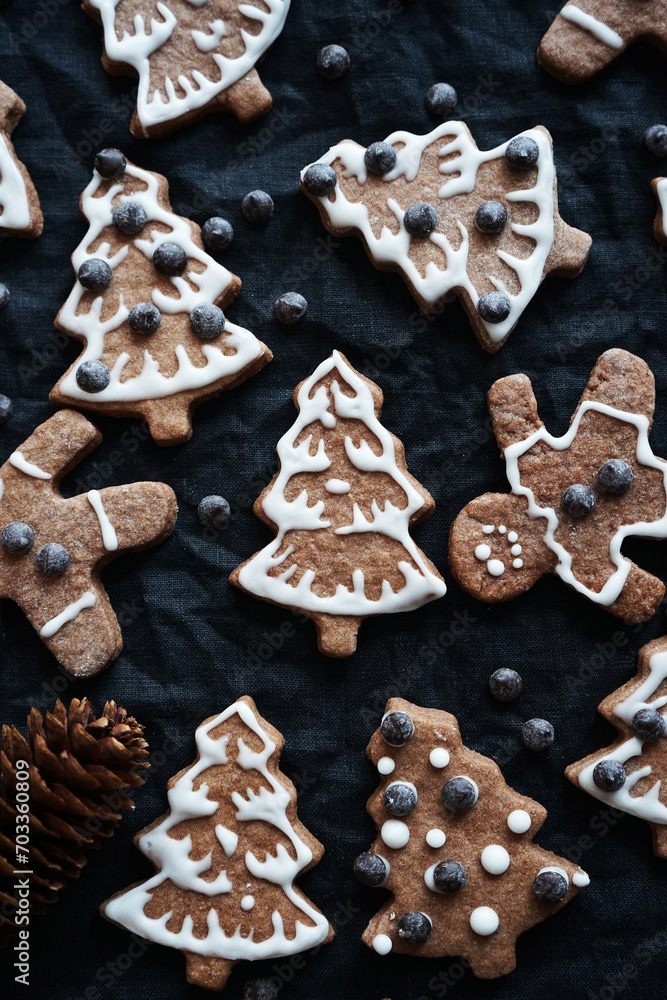 Gingerbread with white icing on a dark background