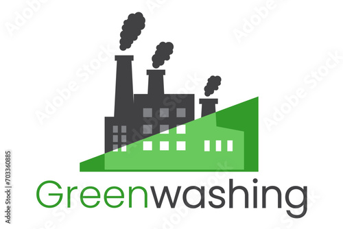 The concept of greenwashing, disinformation of corporations, green marketing, non-transparent way, environmental responsibility, environmental pollution. Factory icon with smoke on white background