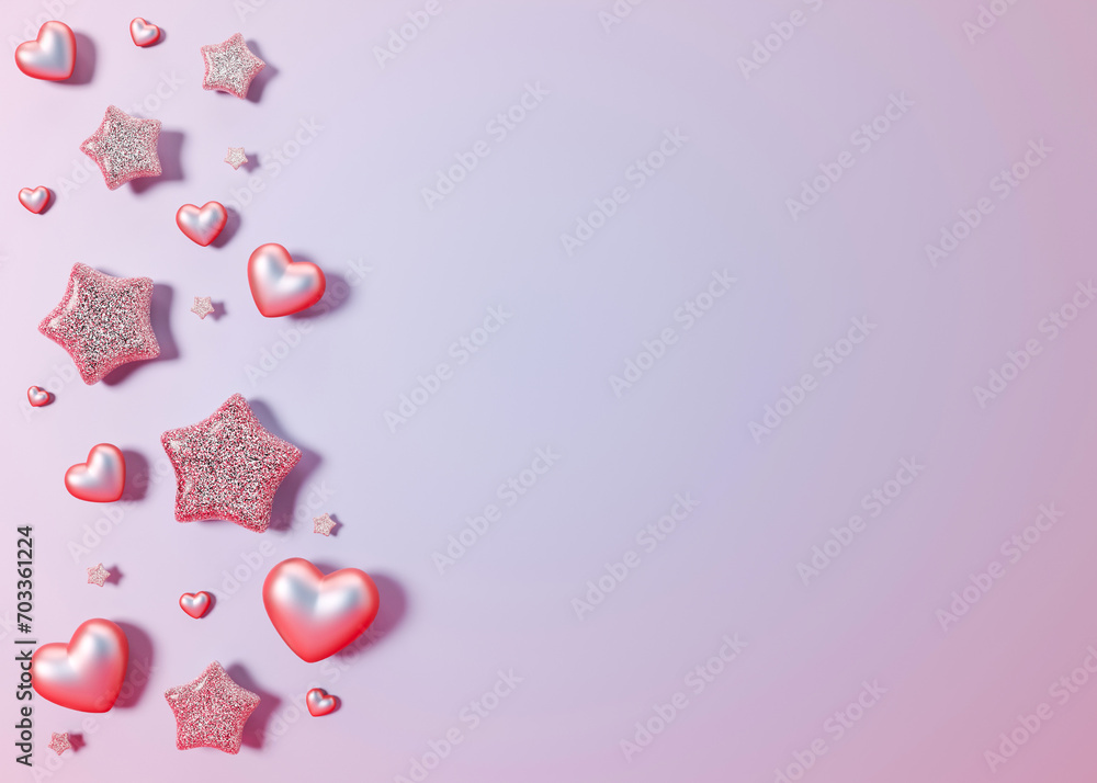 Violet background with shiny hearts, glittering stars and copy space. Valentine's Day, Woman's, Mothers Day backdrop. Empty space for text. Postcard, greeting card design. Y2k Valentine gradient. 3D.