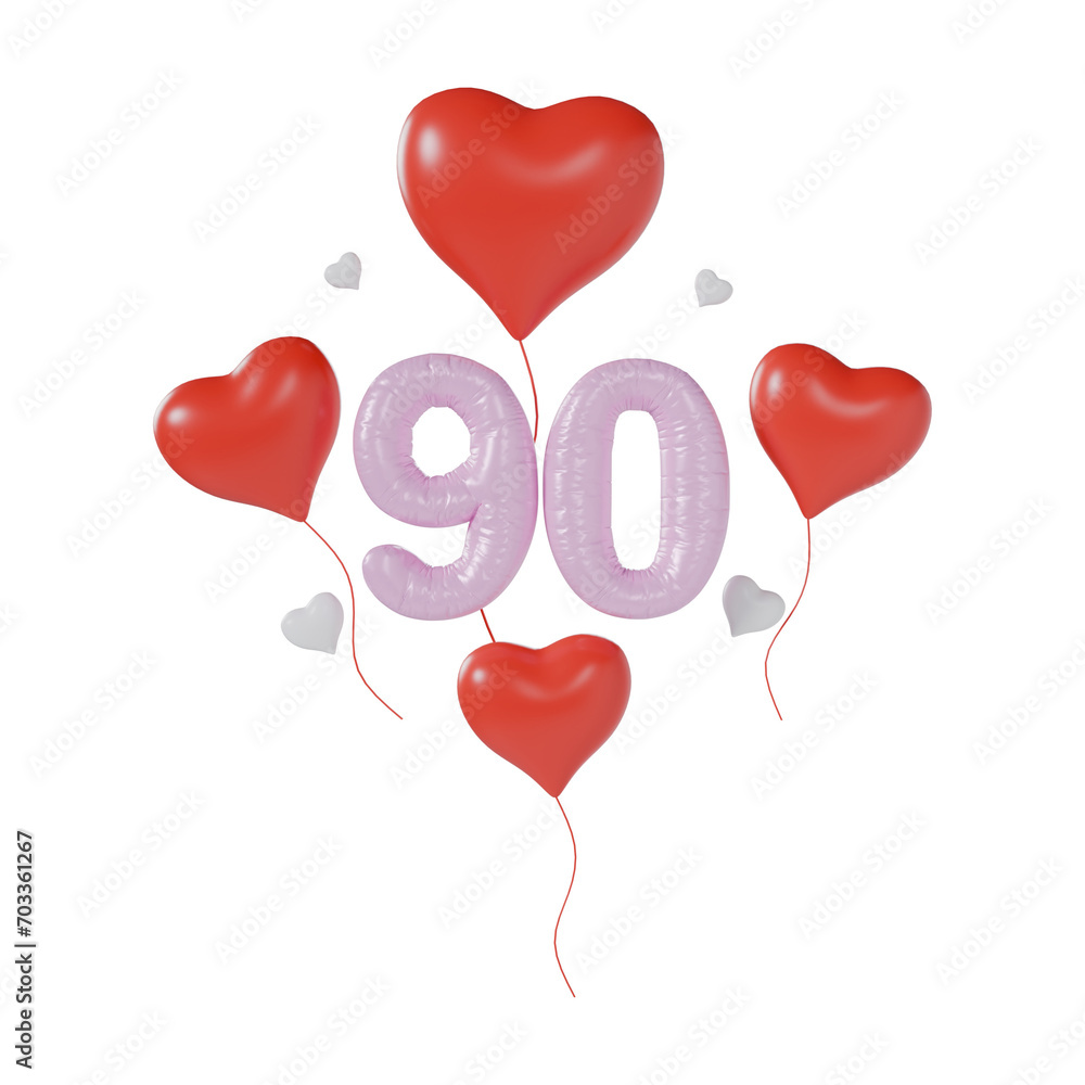 Heart Number 90 Valentine Day Anniversary 3d illustration