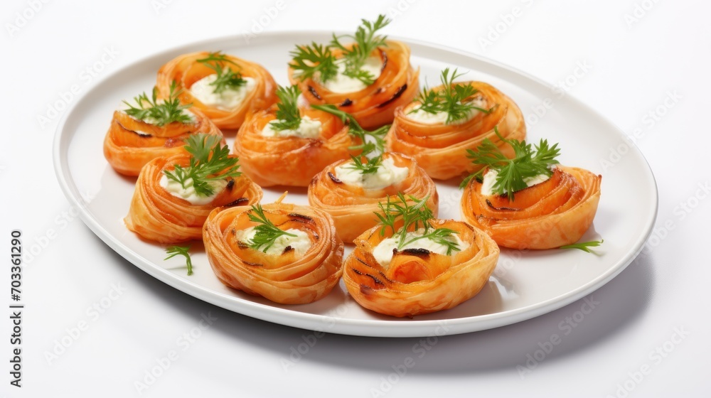  a white plate topped with mini rolls covered in cream cheese and garnished with green garnishes.