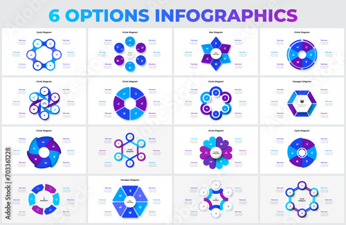 Big set of vector hexagons, circles, arrows and abstract elements for cycle infographic with 6 options, steps or processes