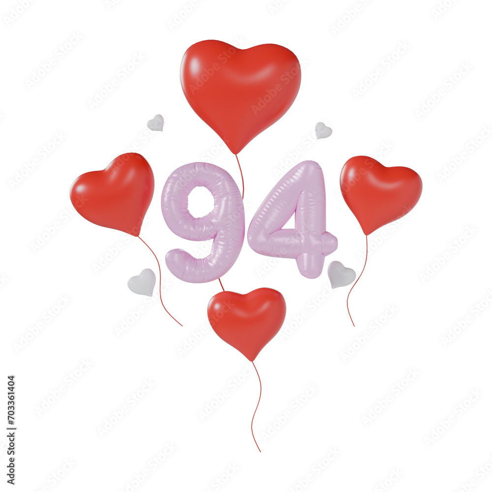 Heart Number 94 Valentine Day Anniversary 3d illustration