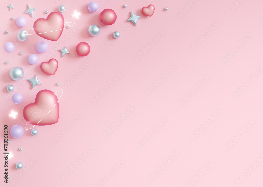 Cute, pink background with shiny stars, hearts, pearls and copy space. Valentines Day, Womans, Mothers Day backdrop. Empty space for text. Postcard, greeting card design. Pastel colors. Y2k style. 3D.