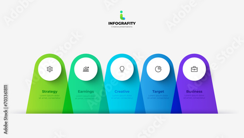 Five elements with circles placed in horizontal row. Concept of 5 stages of marketing strategy. Infographic design template