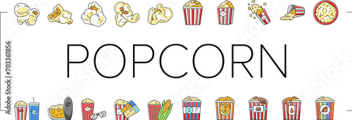 popcorn corn pop cinema icons set vector. white movie, snack bucket, food sweet, box falling, pile bag, yellow popcorn corn pop cinema color line illustrations