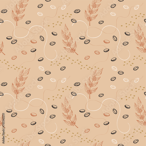 Coffee beans seamless pattern hand drawn vector background. Repeating backdrop heap coffee Java bean aromatic hot drink for wrapping, paper, template, label, card ,flyer, textile. Design element 