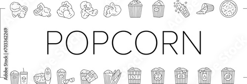 popcorn corn pop cinema icons set vector. white movie, snack bucket, food sweet, box falling, pile bag, yellow popcorn corn pop cinema black line illustrations