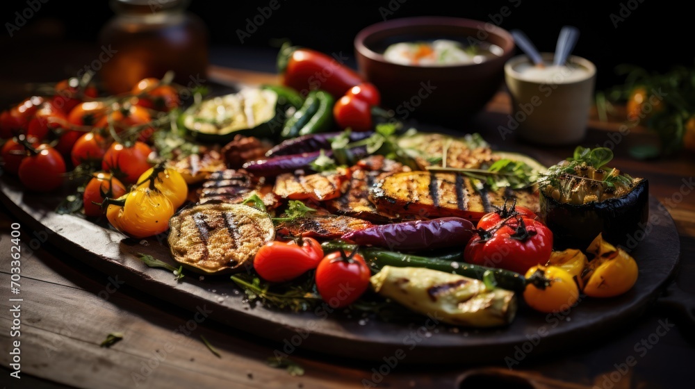  a large platter of grilled vegetables on a wooden table with a bowl of dipping sauce in the background.