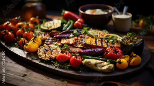  a large platter of grilled vegetables on a wooden table with a bowl of dipping sauce in the background.
