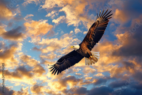 A bald eagle soars through a dramatic sky © Veniamin Kraskov
