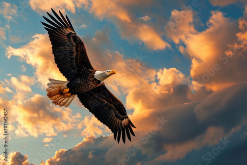 A bald eagle soars through a dramatic sky