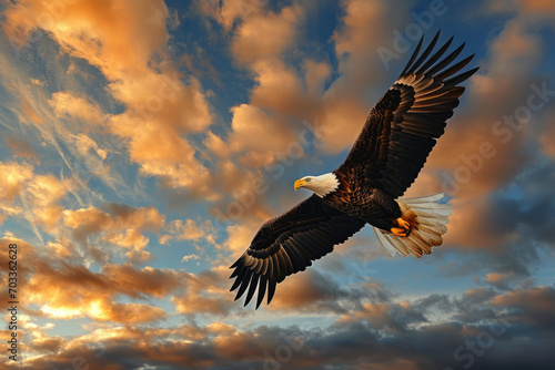 A bald eagle soars through a dramatic sky © Venka