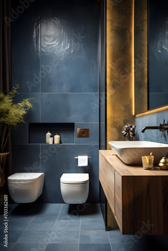 Modern luxury bathroom interior in navy blue and gold colors