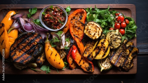  a platter of grilled vegetables including tomatoes, peppers, and other vegetables with a side dish of salsa.