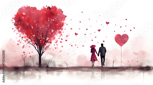 Couple in love in watercolor. Romantic illustration with flying hearts. Valentines day